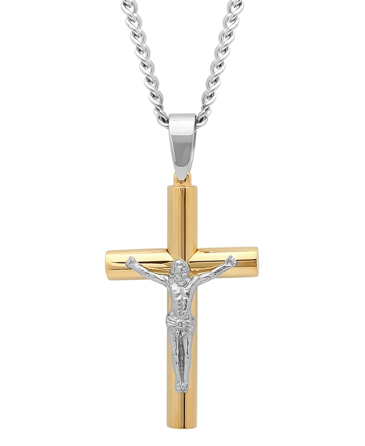 C & c Jewelry Macy's Men's Rounded Cross Crucifix Pendant Necklace in Two-Tone Stainless Steel