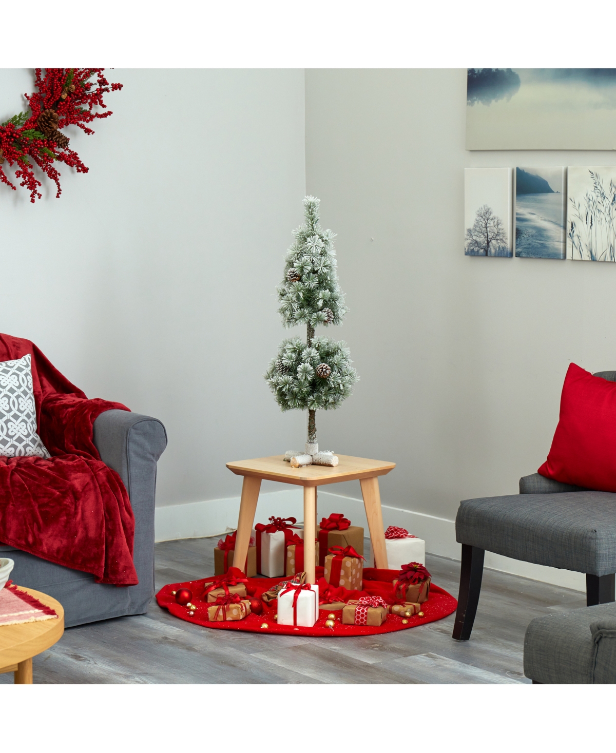 Nearly Natural Flocked Artificial Christmas Tree Topiary with 50 Warm Led Lights and Pine Cones