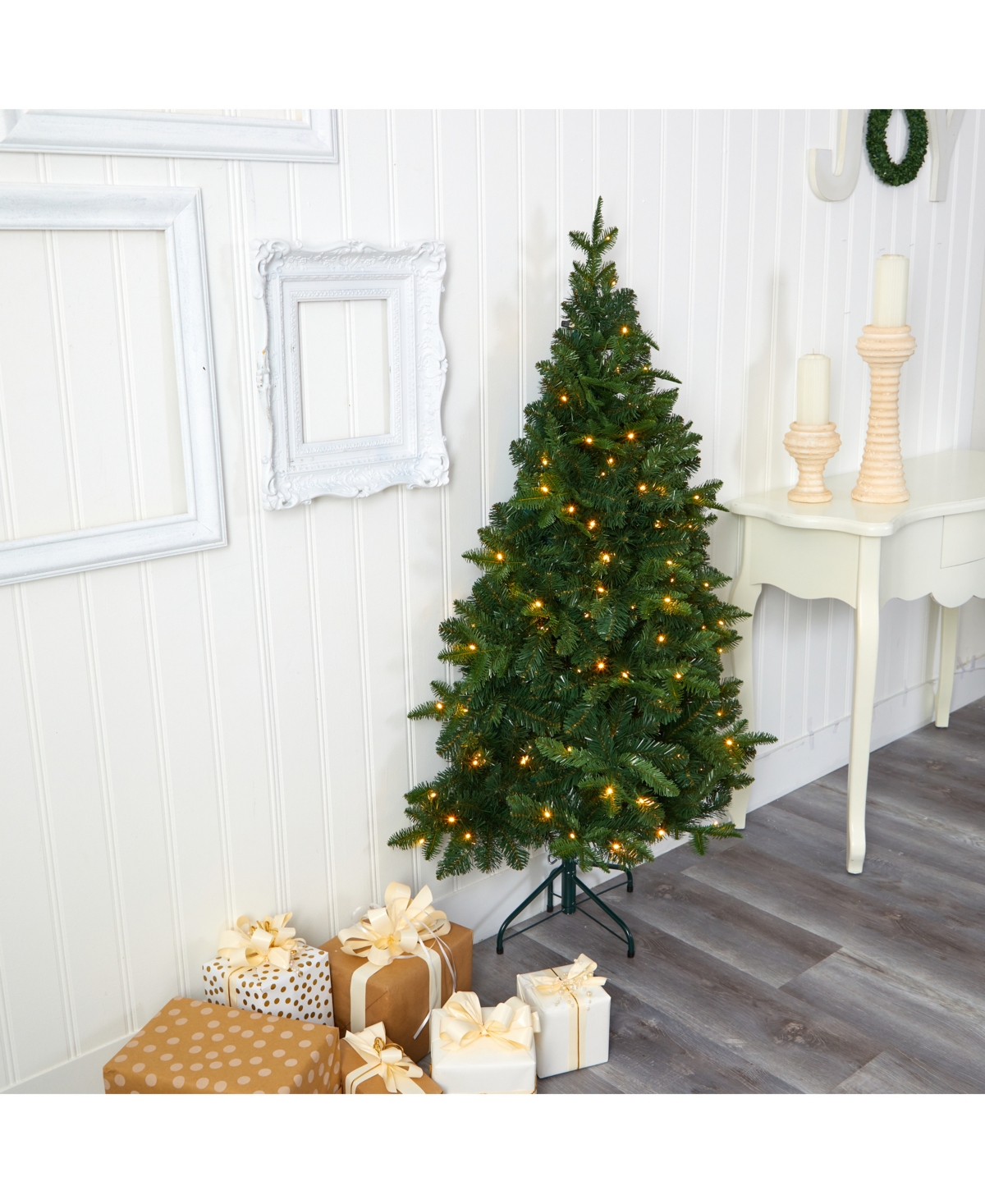 Nearly Natural Grand Teton Spruce Flat Back Artificial Christmas Tree with 120 Clear Led Lights and 514 Bendable Branches