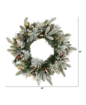 Flocked Mixed Pine Artificial Christmas Wreath with 50 LED Lights, Pine Cones and Berries