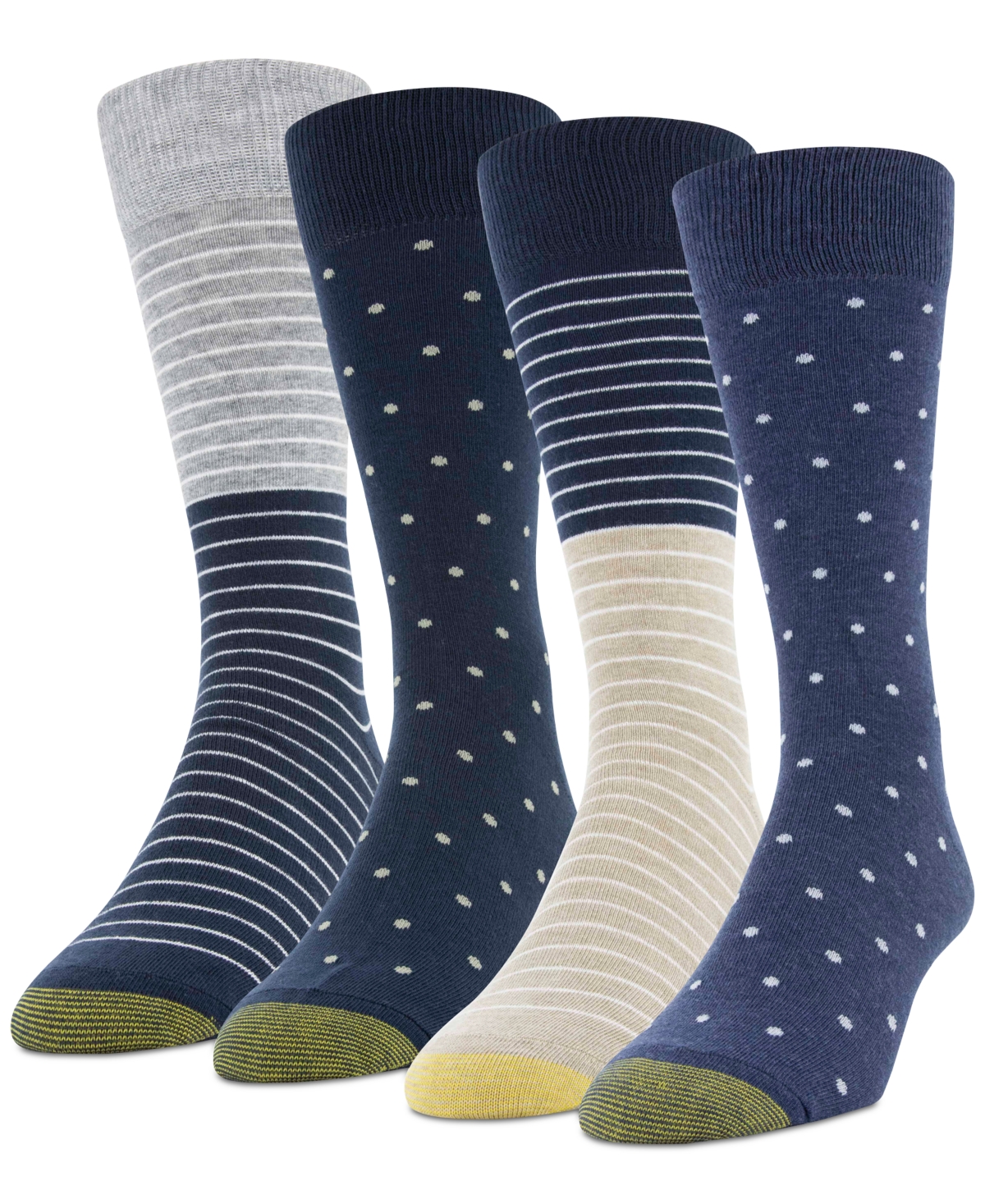 Gold Toe Men's 4-pack Casual Dot Stripe Crew Socks In Denim,new Navy,new Navy,grey Heather