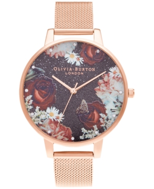 image of Olivia Burton Women-s Winter Blooms Rose Gold-Tone Mesh Bracelet Watch 38mm