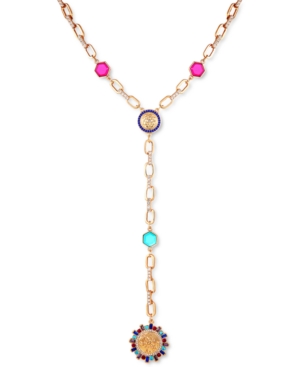 image of Guess Gold-Tone Multicolor Crystal, Stone & Charm Lariat Necklace, 18