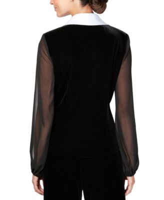 Women's Velvet Side-Button Satin-Lapel Blouse