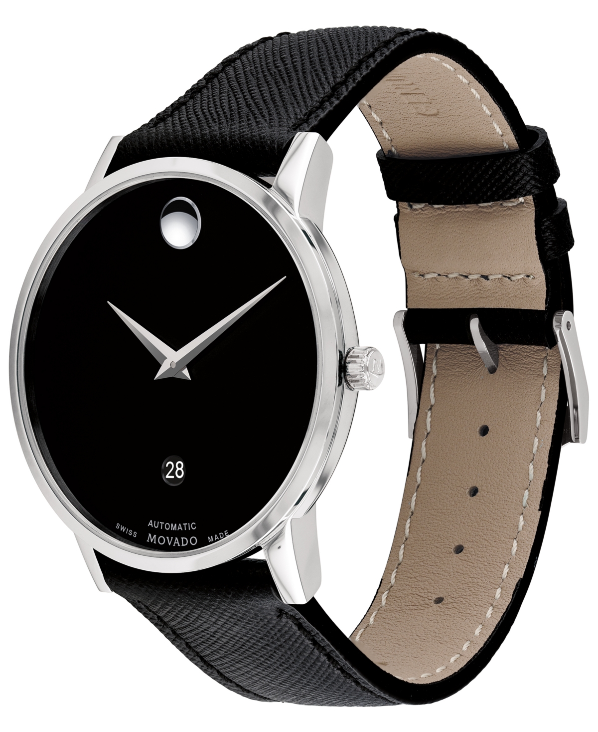 Shop Movado Men's Swiss Automatic Museum Black Calfskin Leather Strap Watch 40mm In Silver