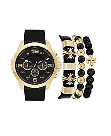 Men's Chronograph Dial Quartz Black Leather Strap Watch, 46mm and Assorted Stackable Bracelets Gift Set, Set of 4