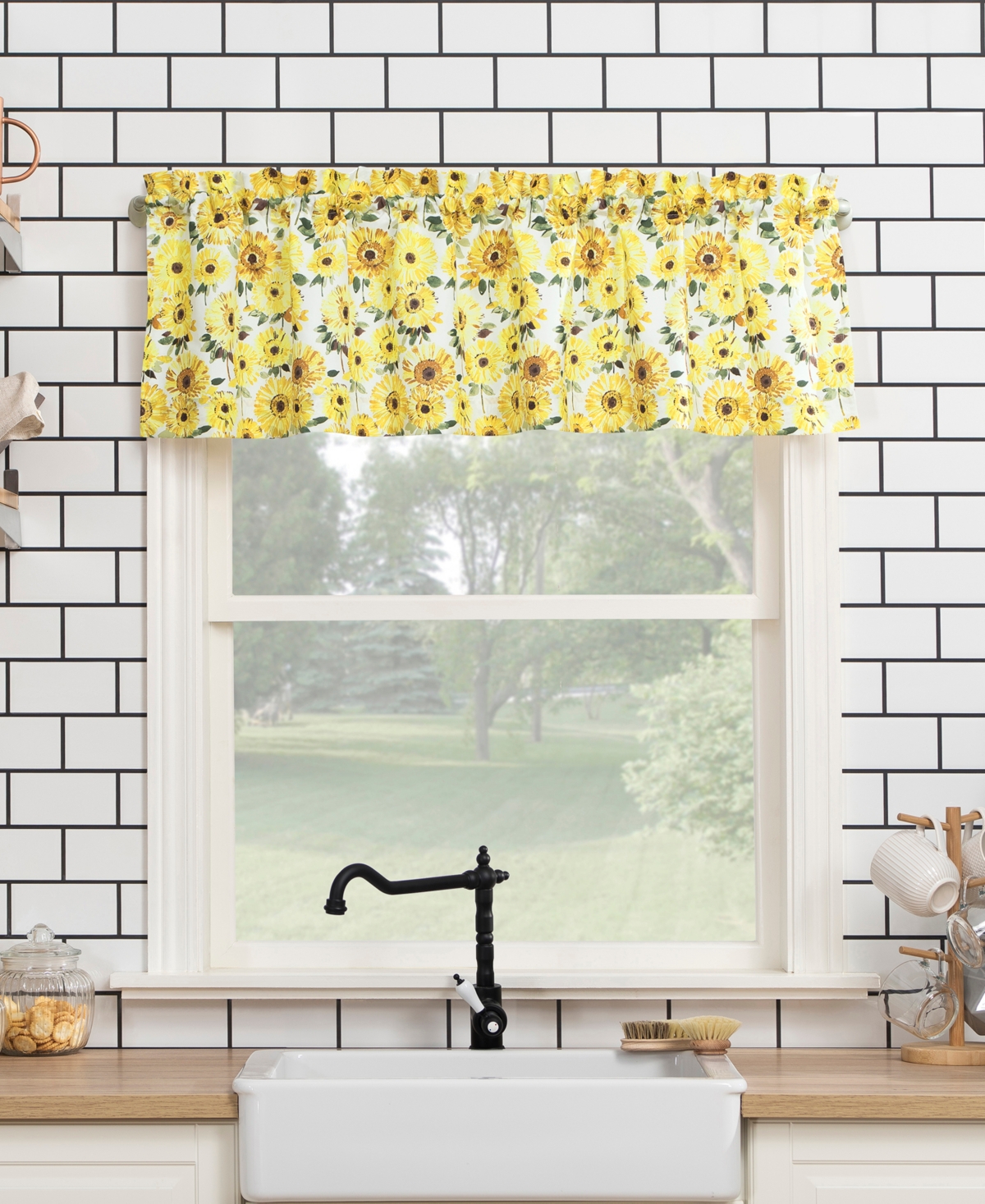 Sunny Sunflower Print Semi-Sheer Rod Pocket Kitchen Curtain Valance and Tiers Set