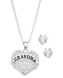 Silver Plated Cubic Zirconia Grandma Heart Pendant and Earring Set