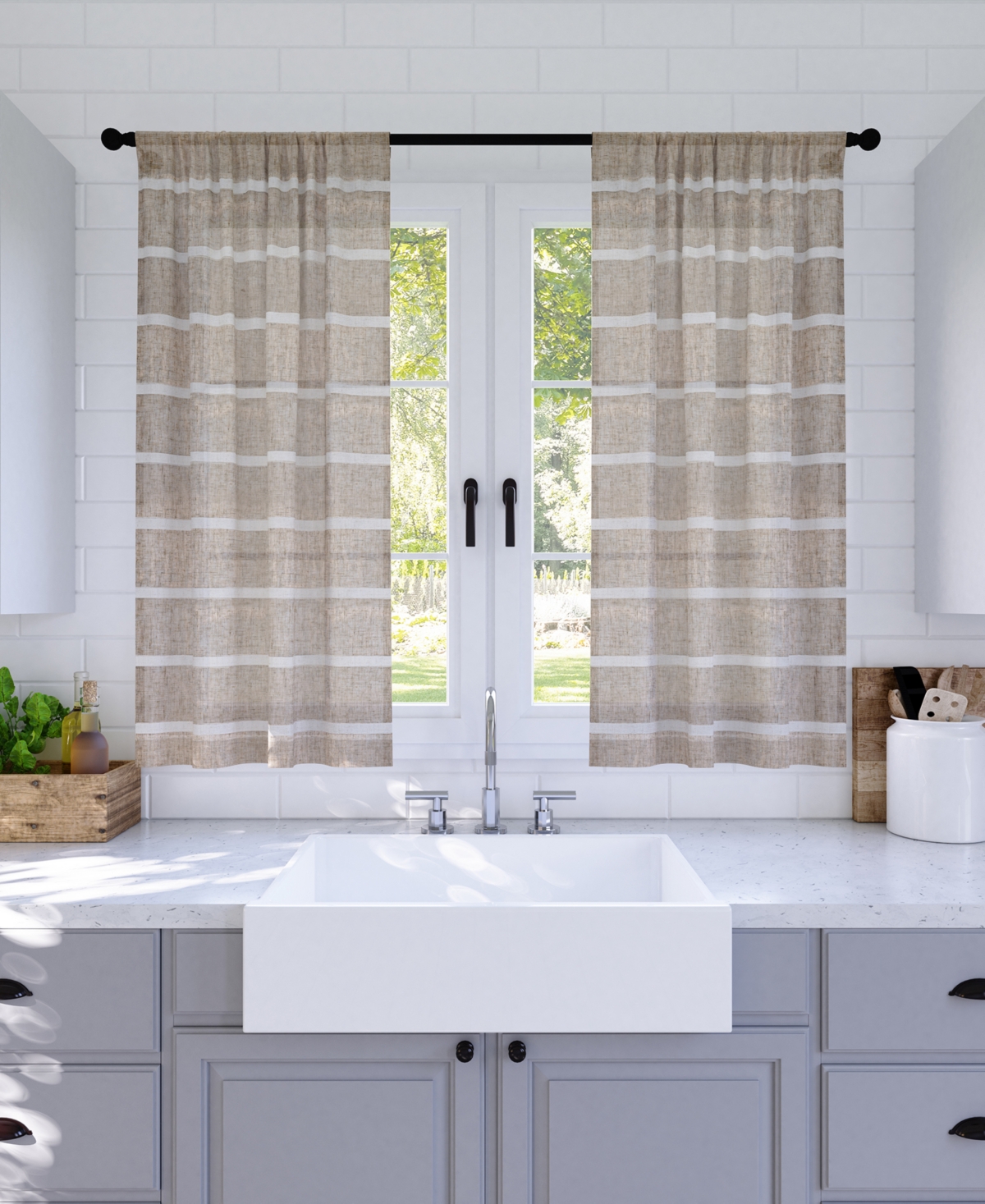 Twill Stripe Anti-Dust Linen Blend Sheer Cafe Curtain Pair - Natural