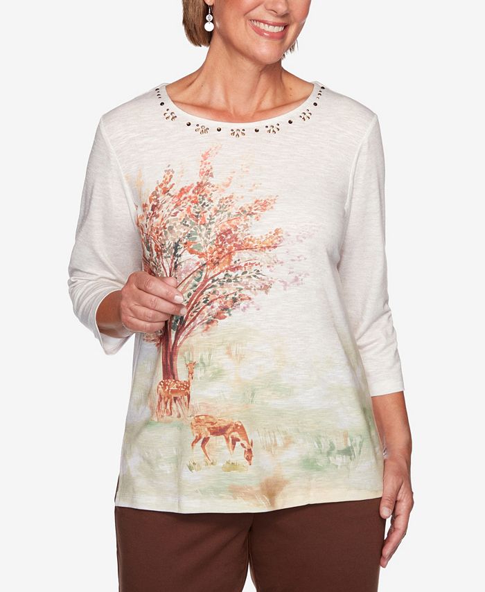 Alfred Dunner Women's Scenic Top - 3/4 Sleeve Knit Blouse With Asymmetrical Hem & Jewel Neckline - View #6
