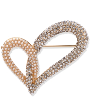 image of Anne Klein Gold-Tone Imitation Pearl & Crystal Heart Boxed Pin