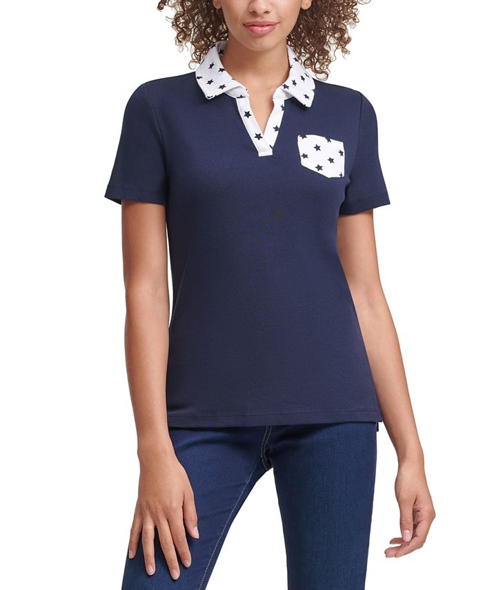 Tommy Hilfiger Cotton Star-Print Johnny-Collar Polo & Reviews - - Women - Macy's