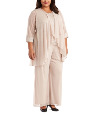 R & M Richards Plus Size 3-Pc Jacket Lace Top & Pants Set