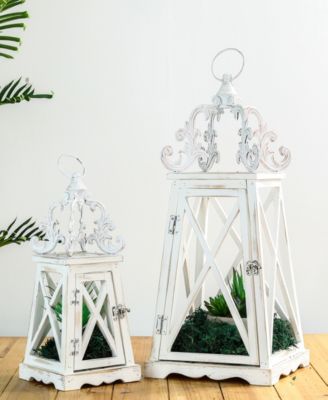 Glitzhome Set Of 2 Wash White Farmhouse Modern Wooden Lanterns With 3D ...