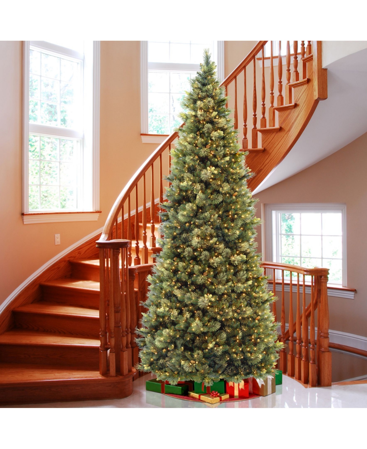 National Tree Carolina Pine Slim Wrapped Tree with Flocked Cones & Clear Lights