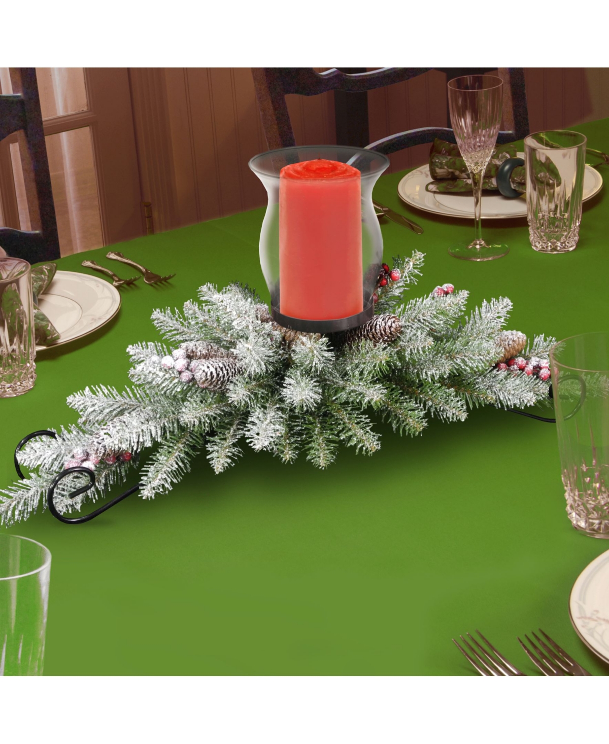 National Tree Company Dunhill Fir Centerpiece and Candle Holder with Snow, Berries and Cones