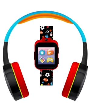 image of Kid-s Playzoom Black Sports Print Tpu Strap Smart Watch with Headphones Set 41mm