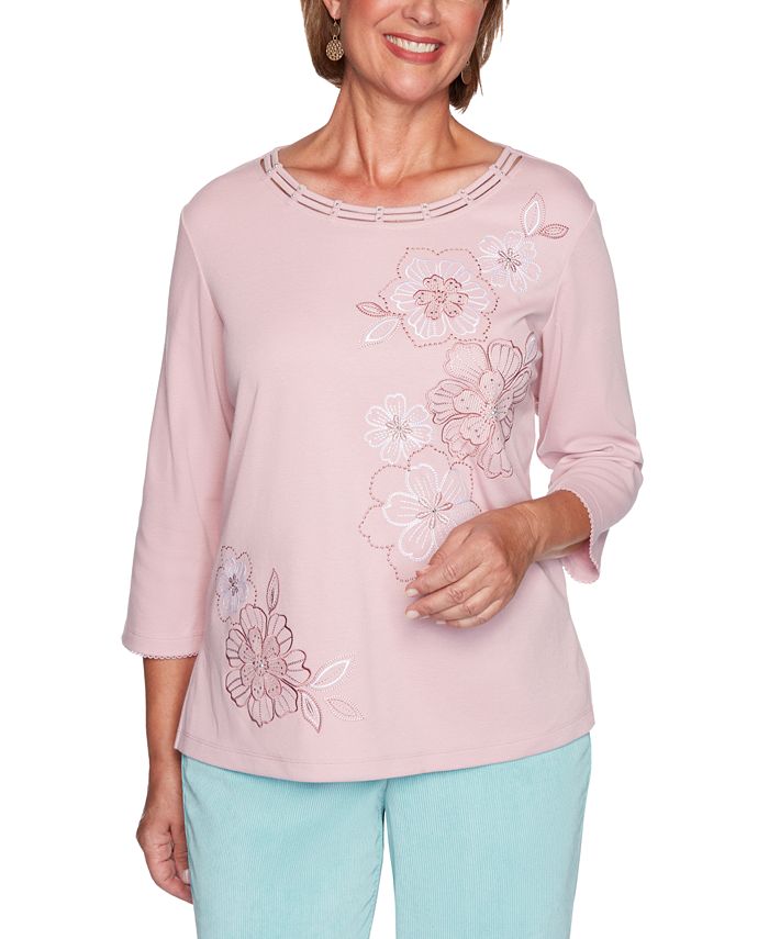 Alfred Dunner Petite St. Moritz Monotone Embroidered Flowers Top - Macy's