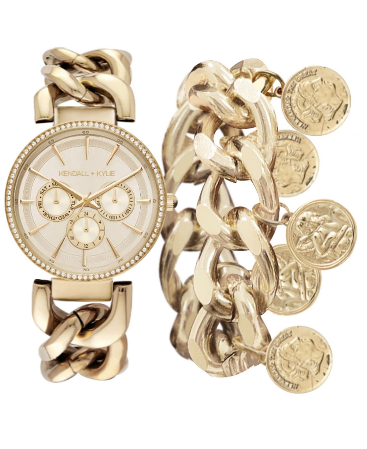 Women's Kendall + Kylie Chunky Chain Gold Tone Stainless Steel Strap Analog Watch and Coin Bracelet Set 40mm - Gold