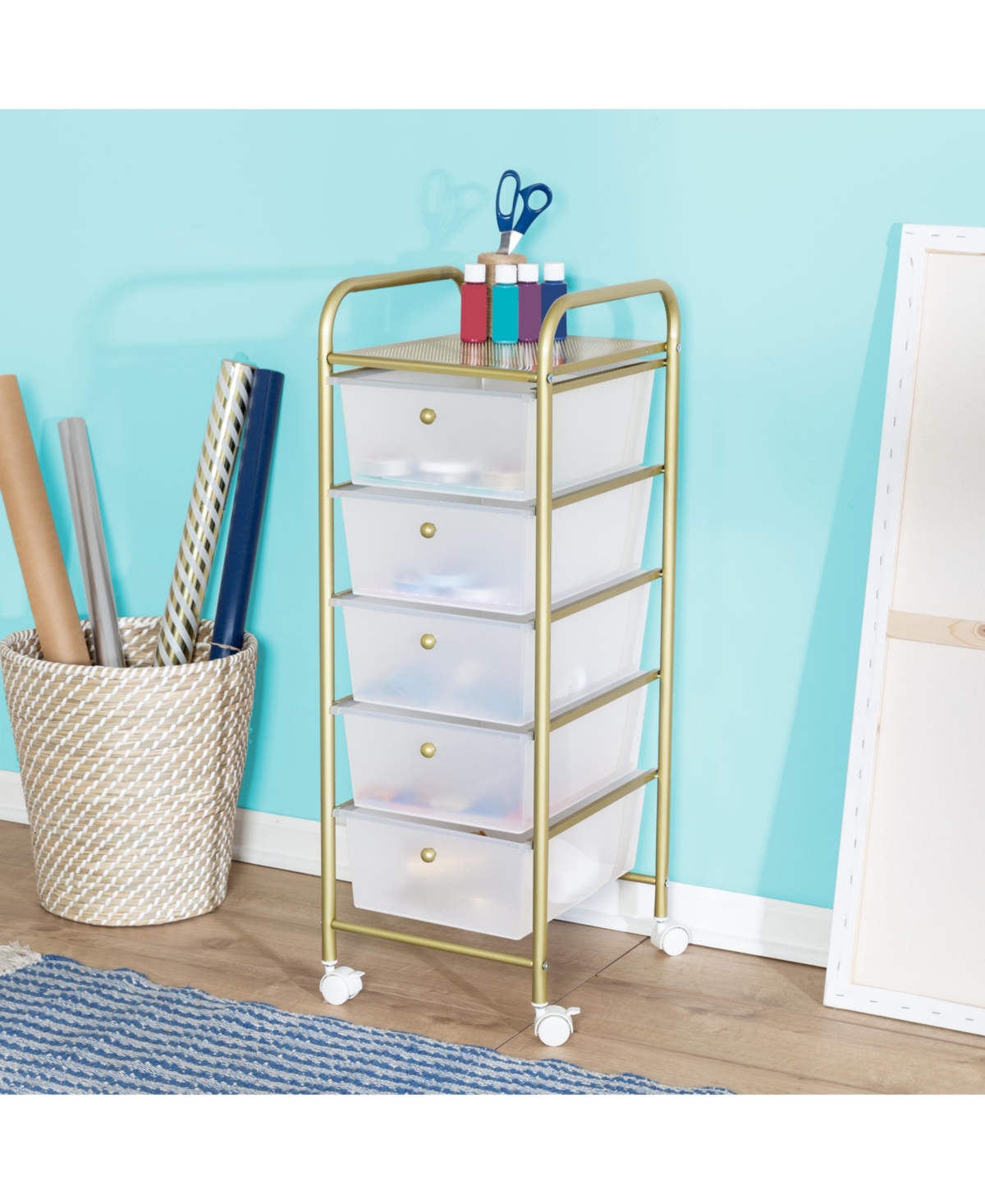 Shop Honey Can Do 5-drawer Rolling Storage Cart With Plastic Drawers In Neutral,gold