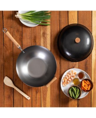 Classic Series Uncoated Carbon Steel 4-Pc. Wok Set with Lid and Birch Handles