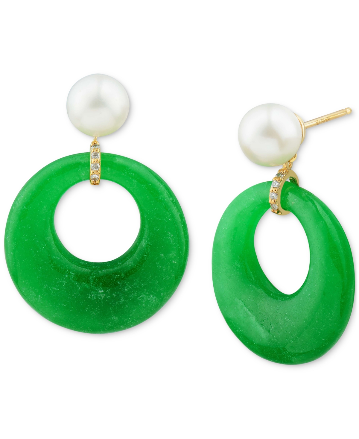 Cultured Freshwater Pearl (7mm), Dyed Jade & Diamond Accent Hoop Drop Earrings in 14k Gold-Plated Sterling Silver - Yellow Gold Over Sterling Silver