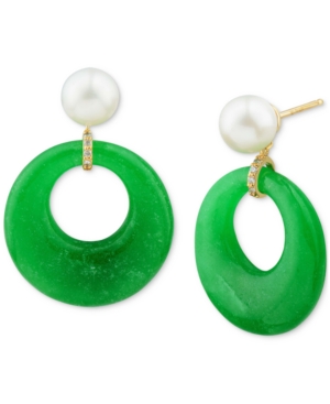 image of Cultured Freshwater Pearl (7mm), Dyed Jade & Diamond Accent Hoop Drop Earrings in 14k Gold-Plated Sterling Silver