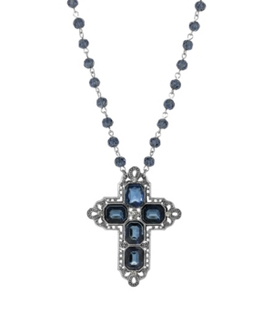 image of 2028 Women-s Pewter Rectangle Sapphire Blue Color Crystal Cross Beaded Necklace