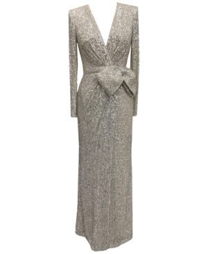 Eliza J Sequin Wrap Front Long Sleeve Gown In Silver