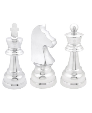 Cosmoliving By Cosmopolitan Set Of 3 Silver Aluminum Traditional Chess Sculpture, 4" X 9" In Silver-tone