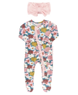 image of Baby Girls Long Sleeve Ruffle Footed 1 Piece Pajama and Bow Set