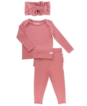 image of Baby Girls Long Sleeve Ruffled 2 Piece Pajama and Bow Set