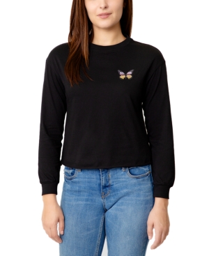 image of Rebellious One Juniors Cotton Long-Sleeve Butterfly Back Graphic Top