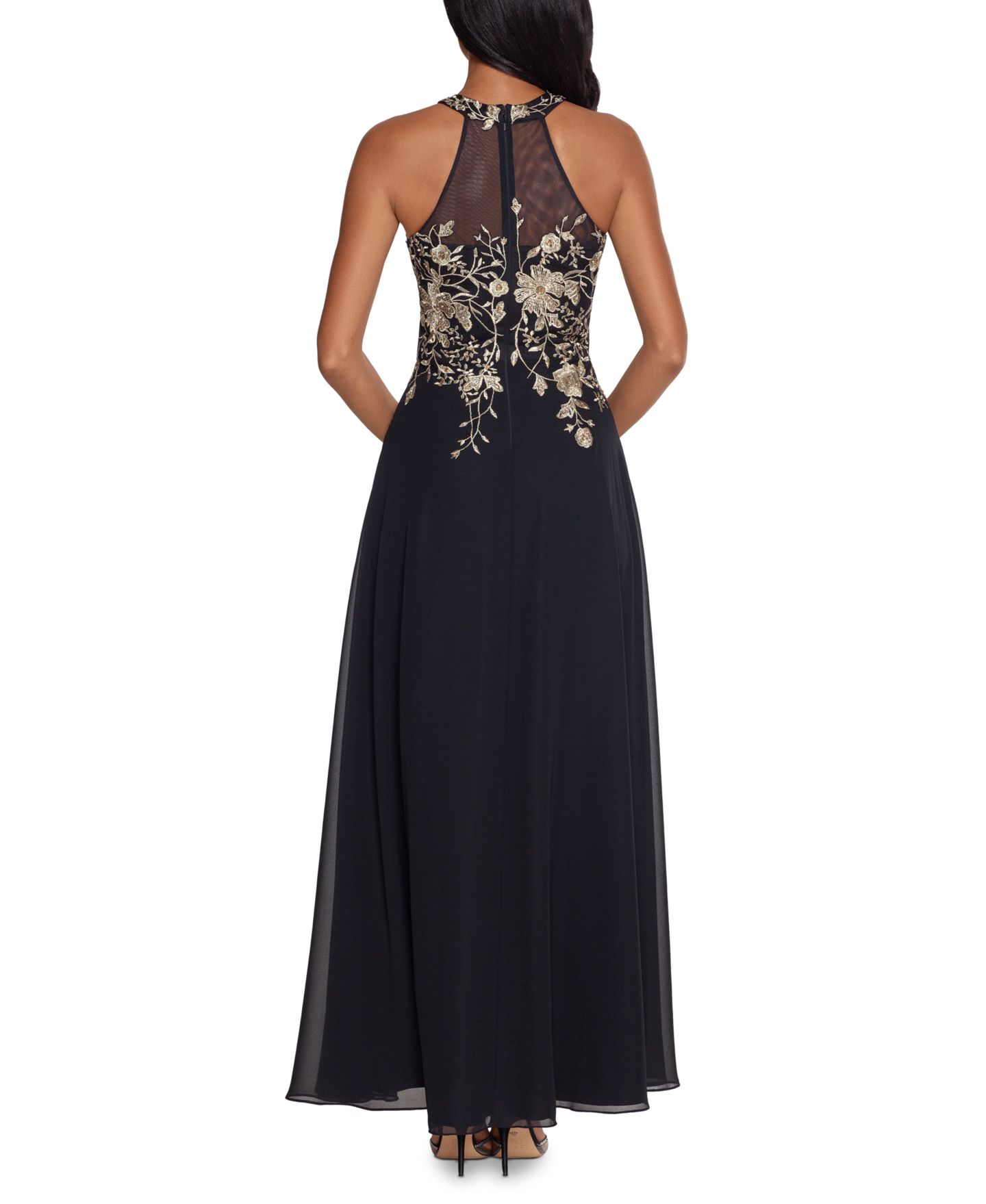 Женские платья Betsy & Adam Embellished Chiffon Illusion Gown, цвет: Чёрный золотой с принтом — фото 2