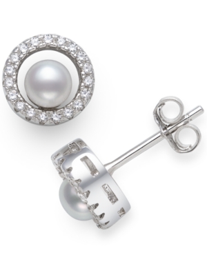 image of Giani Bernini Cultured Freshwater Pearl (4mm) & Cubic Zirconia Circle Stud Earrings in Sterling Silver, Created for Macy-s