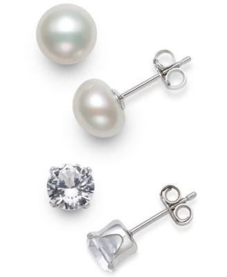 Giani Bernini - 2-Pc. Set Cultured Freshwater Pearl (7-8mm) & Cubic Zirconia Stud Earrings in Sterling Silver
