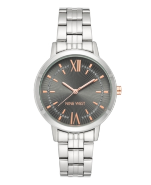 image of Nine West Women-s Glitter Accented Silver-Tone Bracelet Watch, 36mm