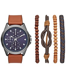 Men's Brown Faux Leather Strap Watch 48mm Gift Set