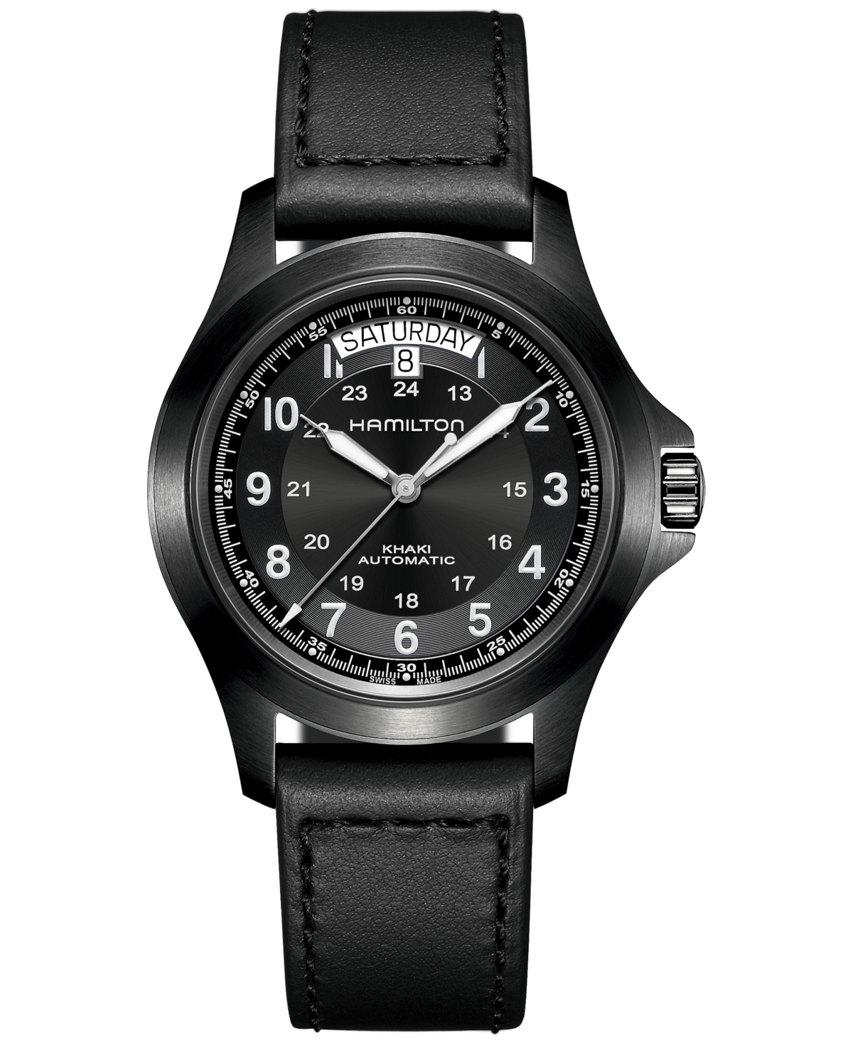 Men's Swiss Automatic Khaki Field King Black Leather Strap Watch 40mm - Black