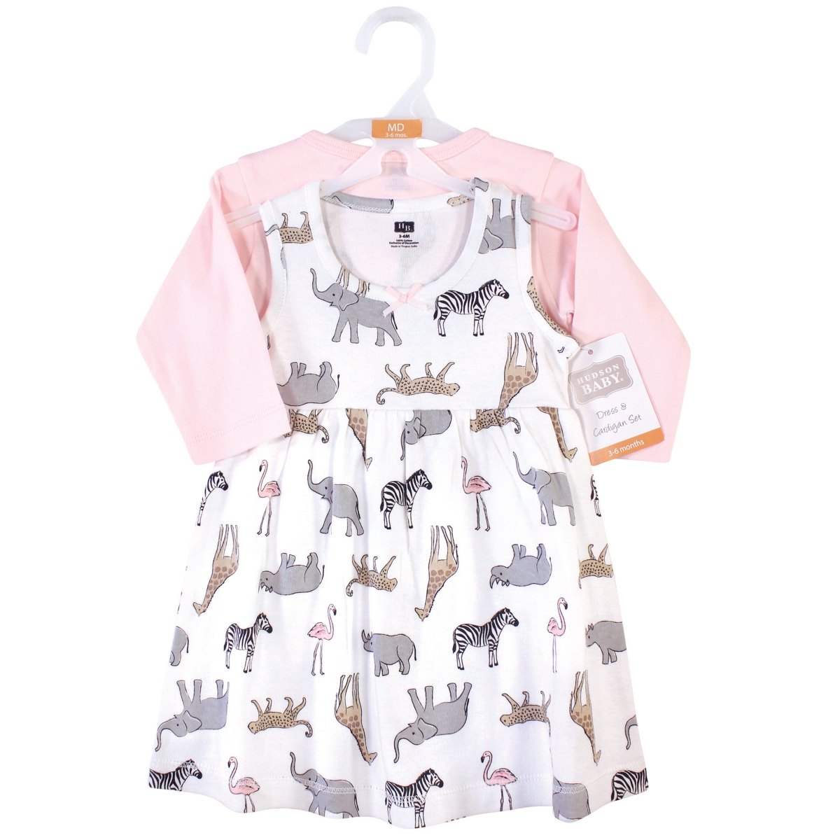 Hudson Baby Toddler Girls Cotton Dress and Cardigan 2pc Set,- Modern pink safari