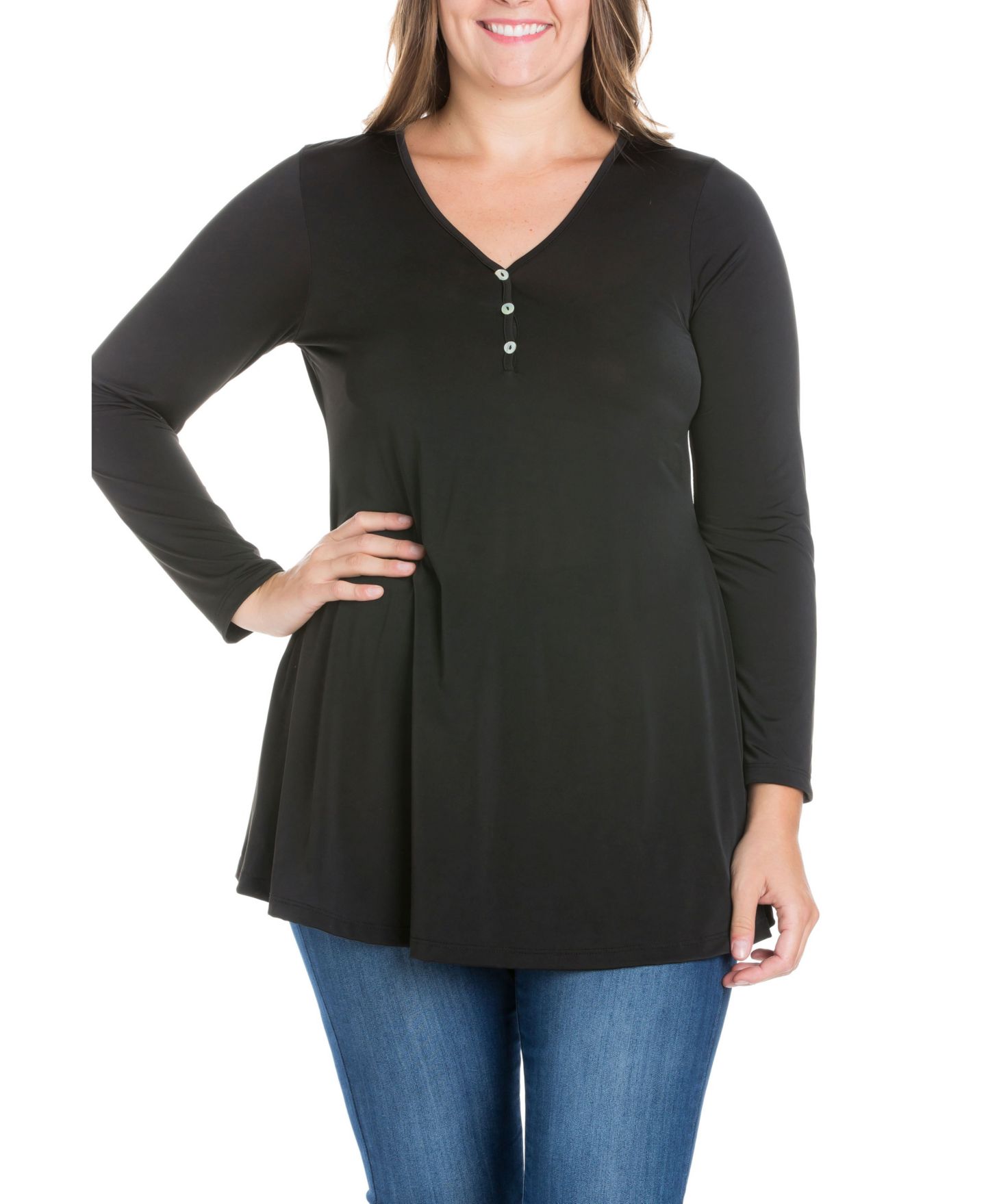 Женский топ 24seven Comfort Apparel Plus Size Flared Long Sleeves Henley Tunic Top, цвет: Чёрный — фото 1
