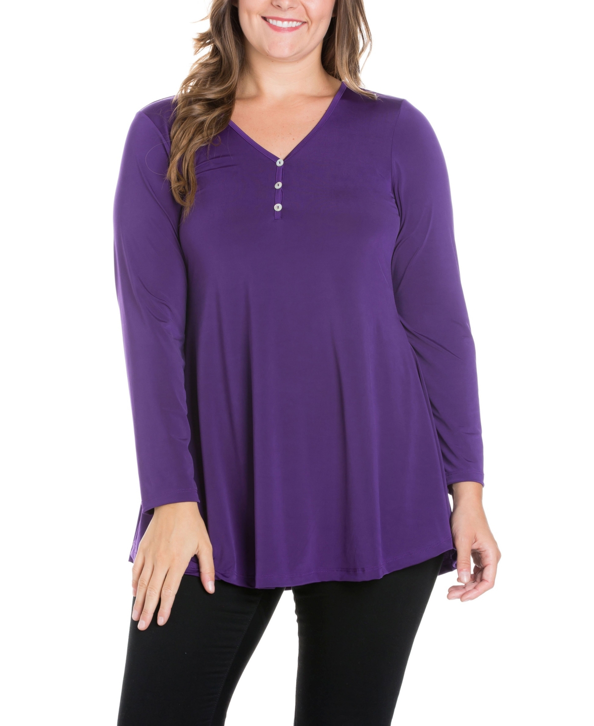 Women's Plus Size Flared Long Sleeves Henley Tunic Top - Wine