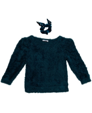 image of Beautess Girls Fuzzy Crew Neck Sweater with Matching Scrunchie