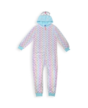 image of Big Girl-s Mermaid Print Flannel Fleece Onesie with Foil and Novelty Mermaid Hood