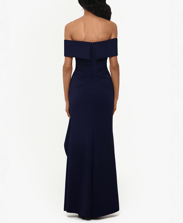 xscape ruffle off the shoulder gown