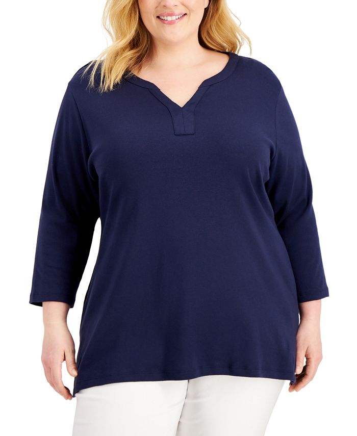 Karen Scott Plus Size Cotton Split-Neck Top, Created for Macy's ...