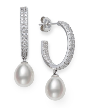 image of Cultured Freshwater Pearl 8-9mm and Cubic Zirconia Drop Earrings in Sterling Silver