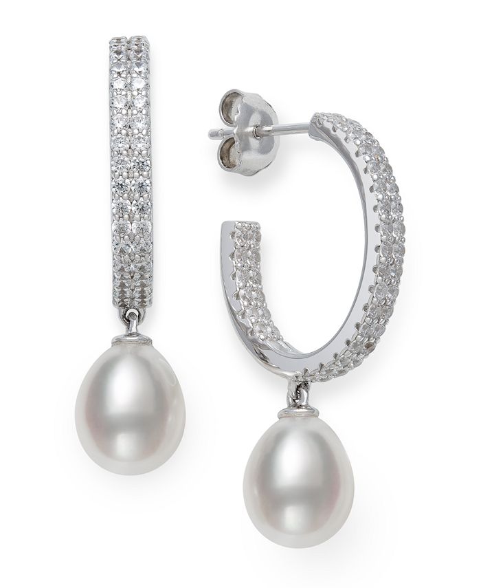 Macy's - Cultured Freshwater Pearl 8-9mm and Cubic Zirconia Drop Earrings in Sterling Silver