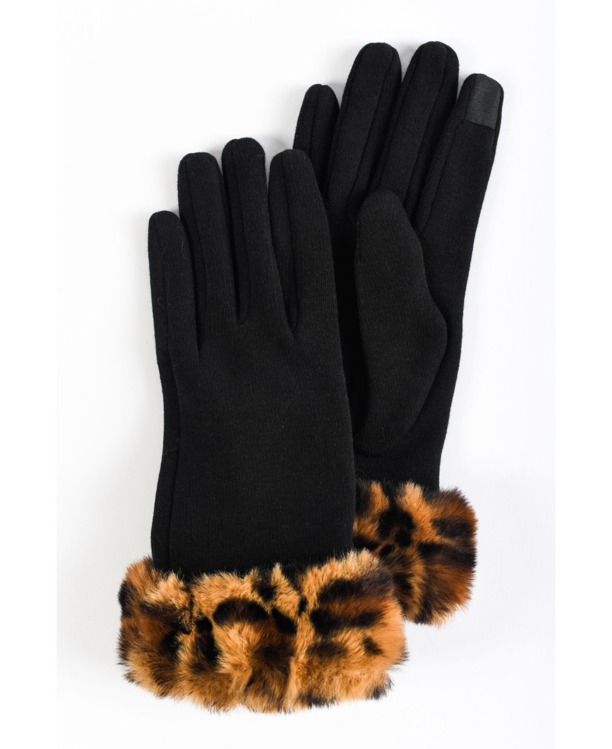 Women's Faux Fur Leopard Cuff Jersey Touchscreen Glove - Black