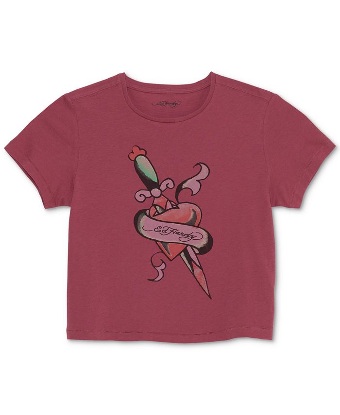 Ed Hardy Heart Cropped Graphic T-Shirt & Reviews - Tops - Women - Macy's